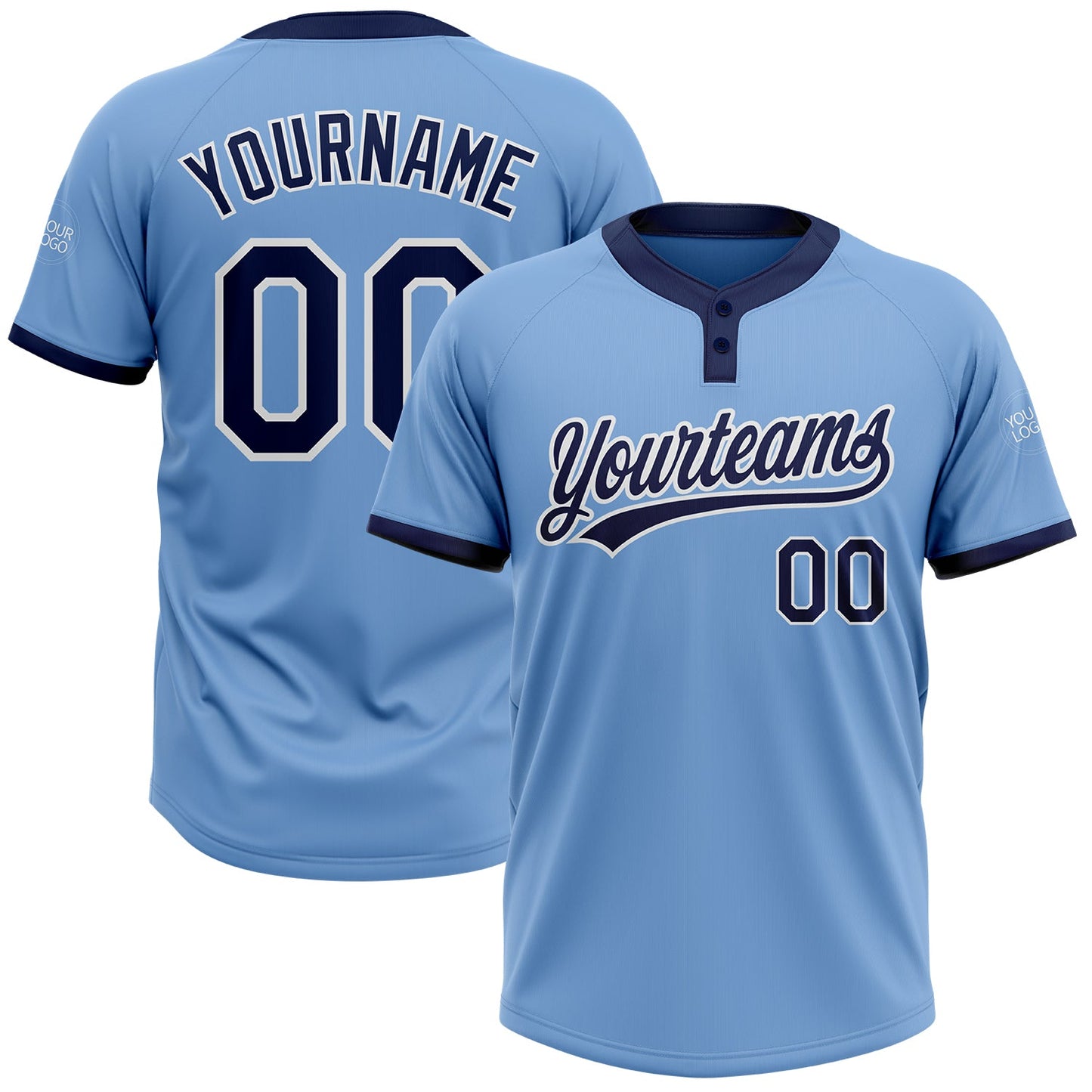 Custom Light Blue Navy-White Two-Button Unisex Softball Jersey - Main View