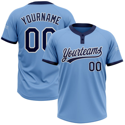 Custom Light Blue Navy-White Two-Button Unisex Softball Jersey - Main View