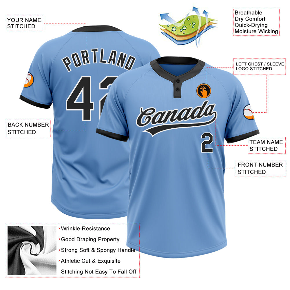 Custom Light Blue Black-White Two-Button Unisex Softball Jersey view 3
