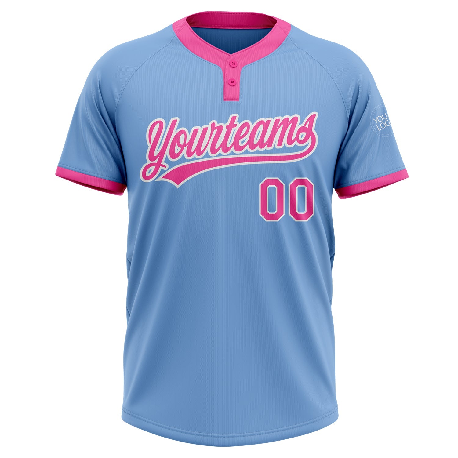 Custom Light Blue Pink-White Two-Button Unisex Softball Jersey view 2