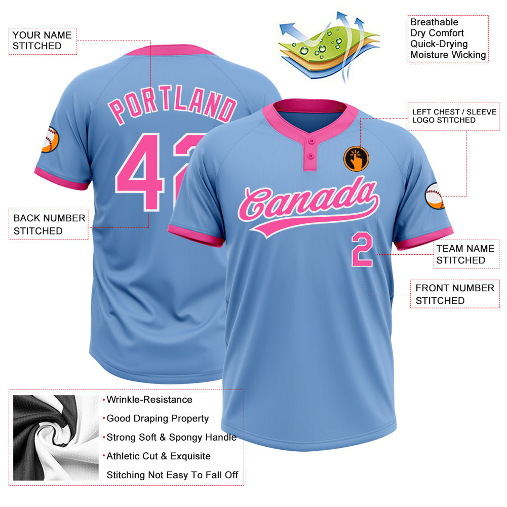 Custom Light Blue Pink-White Two-Button Unisex Softball Jersey view 3
