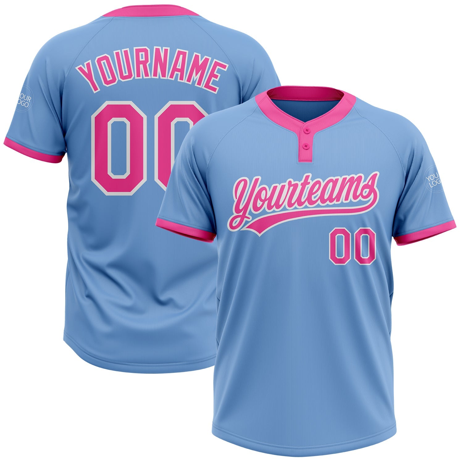 Custom Light Blue Pink-White Two-Button Unisex Softball Jersey - Main View