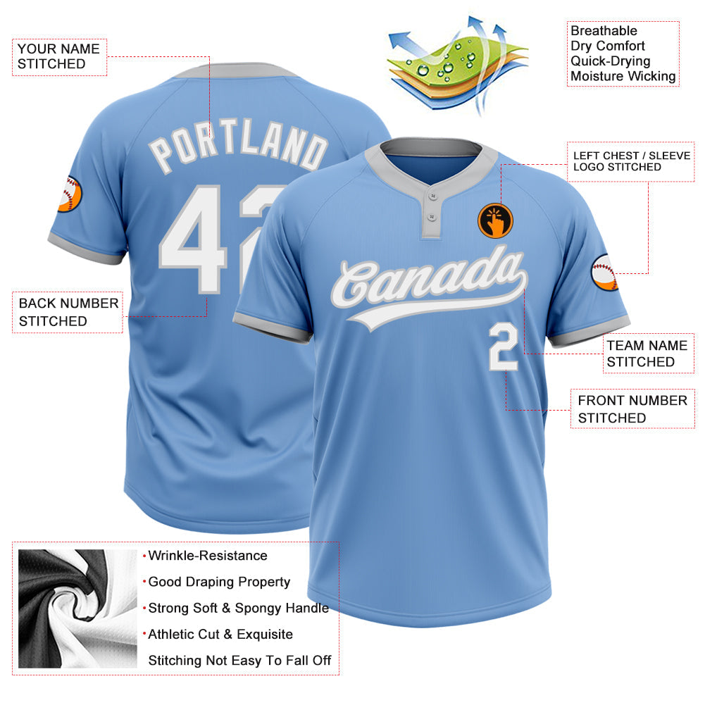 Custom Light Blue White-Gray Two-Button Unisex Softball Jersey view 3