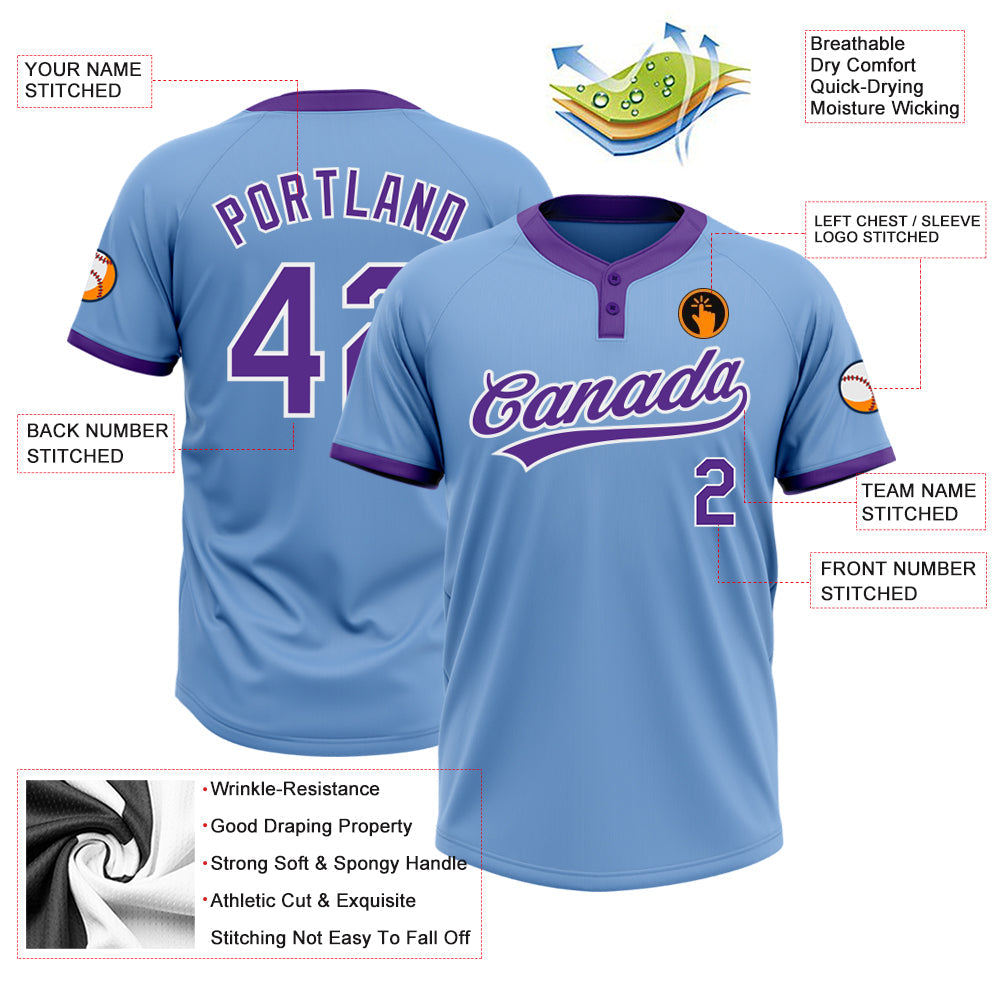 Custom Light Blue Purple-White Two-Button Unisex Softball Jersey view 3