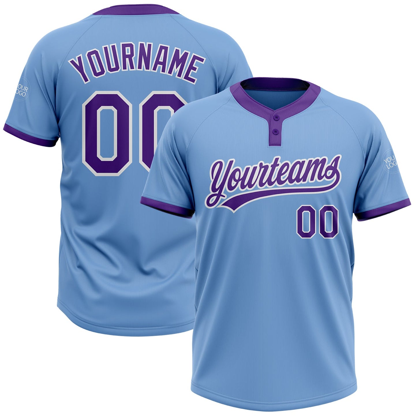Custom Light Blue Purple-White Two-Button Unisex Softball Jersey - Main View