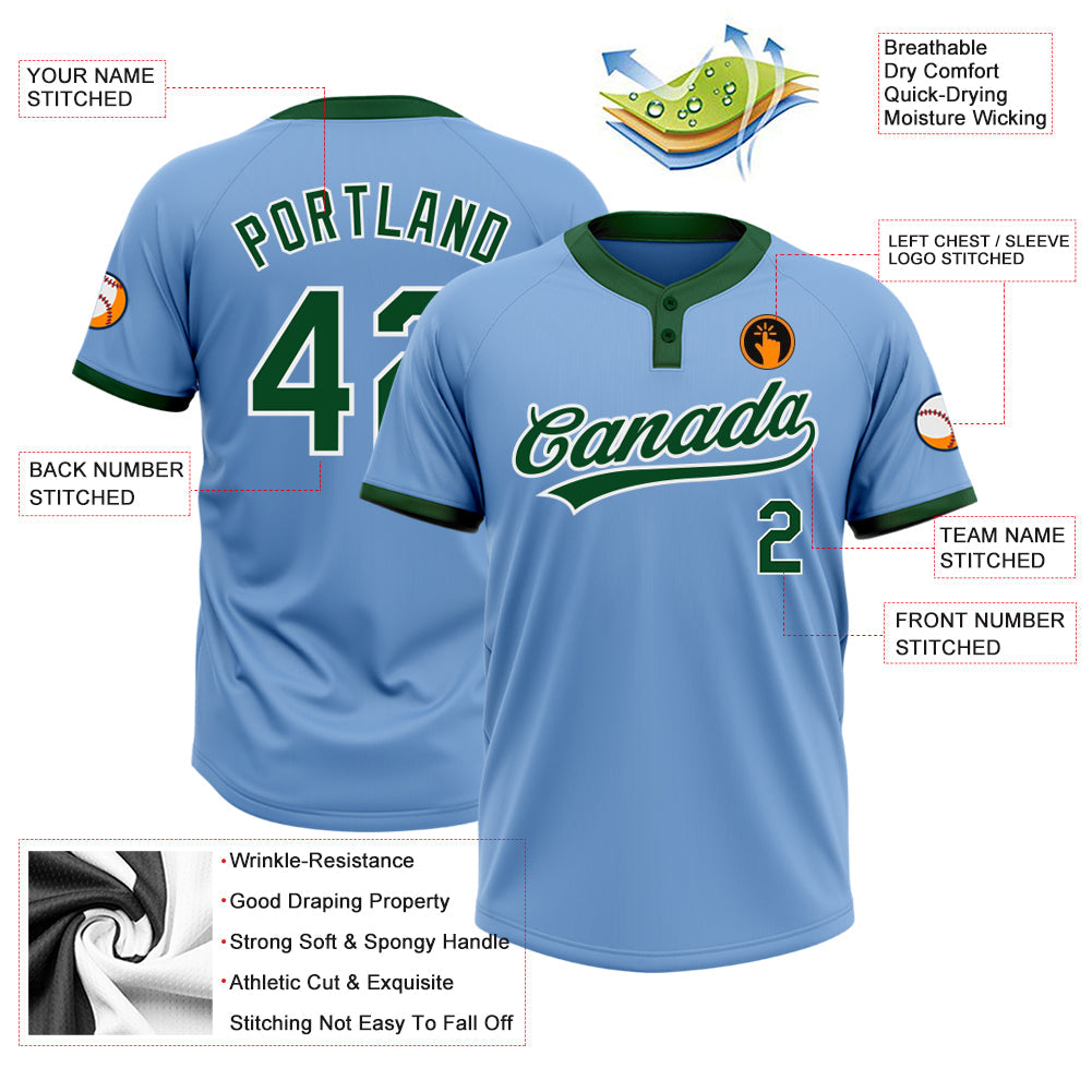Custom Light Blue Green-White Two-Button Unisex Softball Jersey view 3