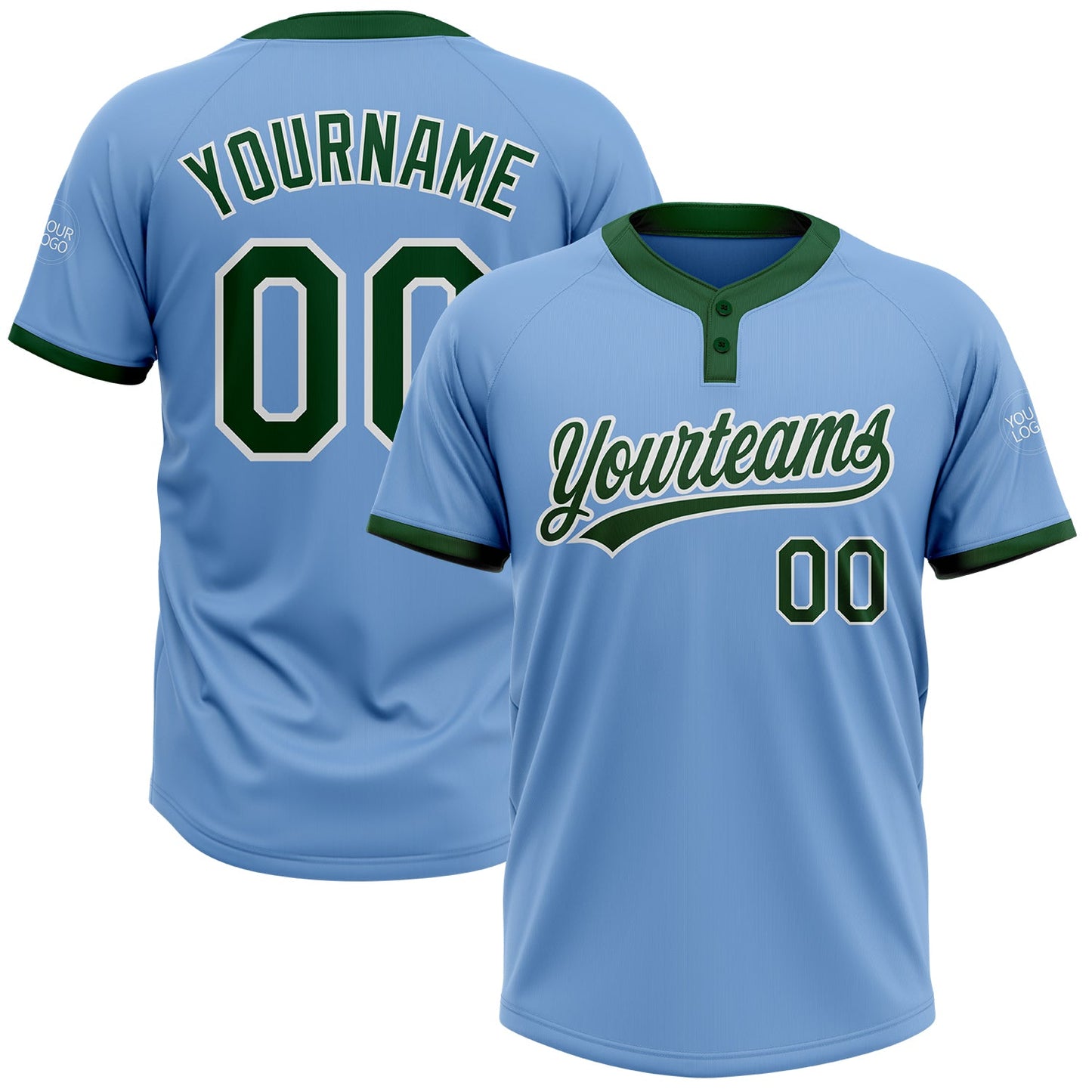 Custom Light Blue Green-White Two-Button Unisex Softball Jersey - Main View