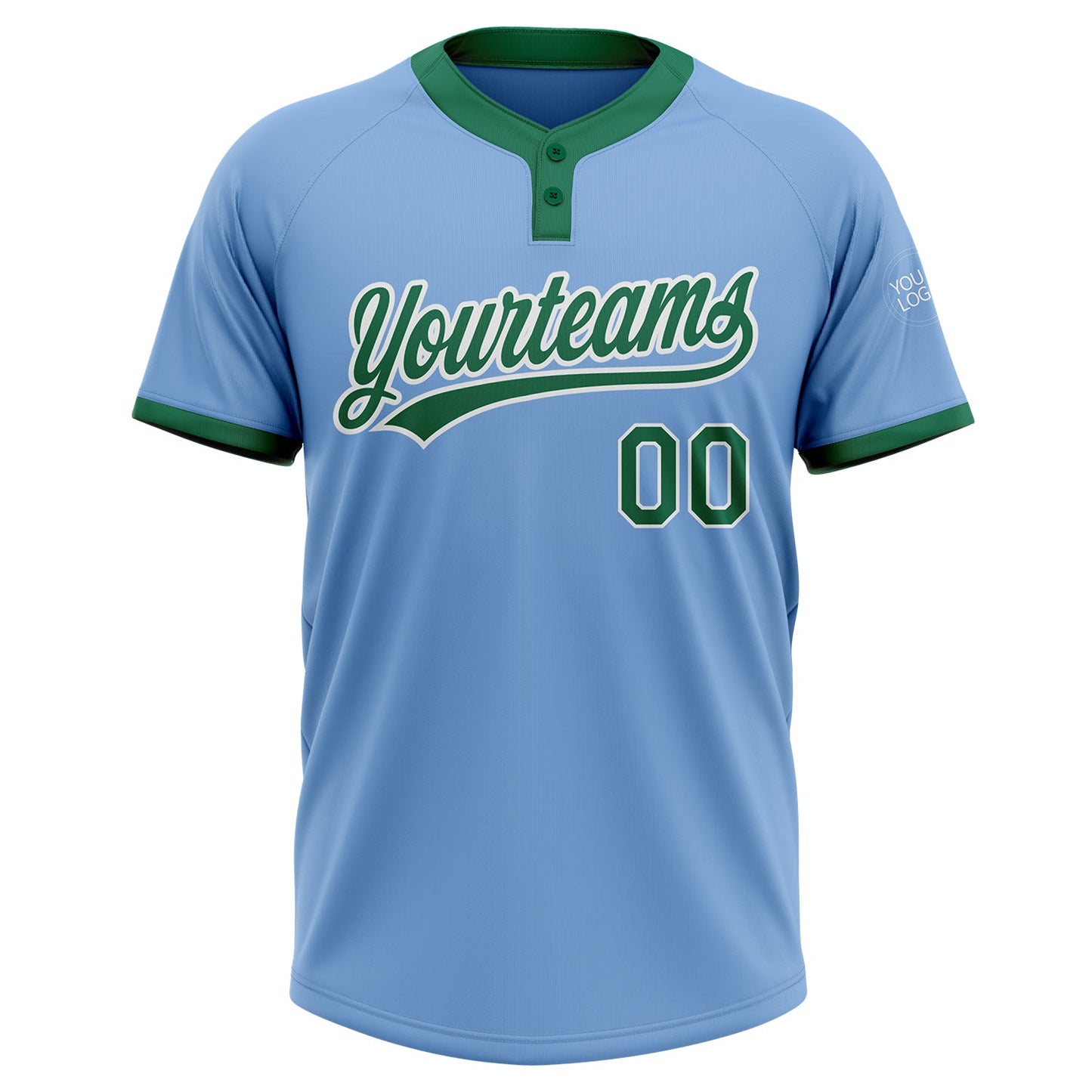 Custom Light Blue Kelly Green-White Two-Button Unisex Softball Jersey view 2
