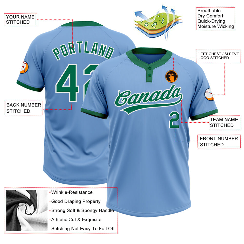 Custom Light Blue Kelly Green-White Two-Button Unisex Softball Jersey view 3