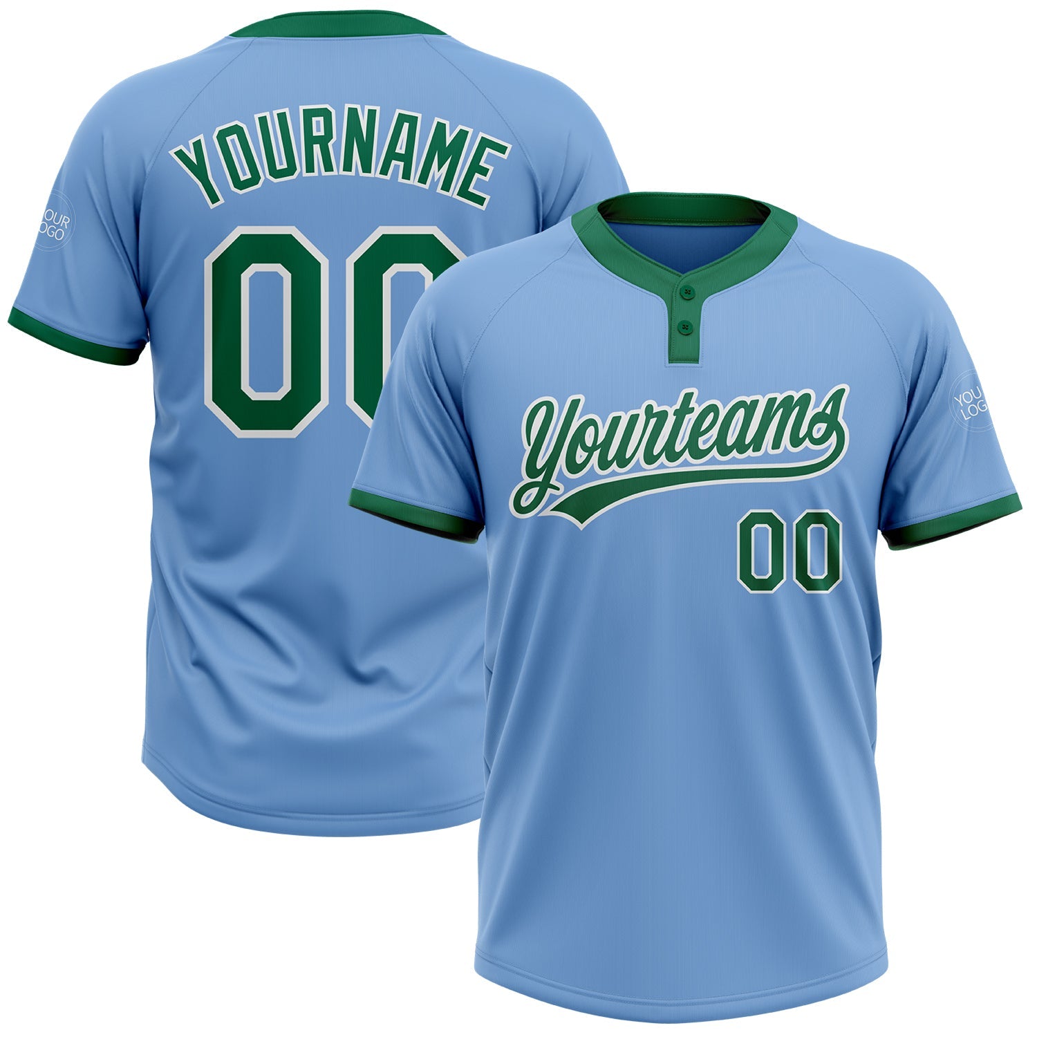 Custom Light Blue Kelly Green-White Two-Button Unisex Softball Jersey - Main View