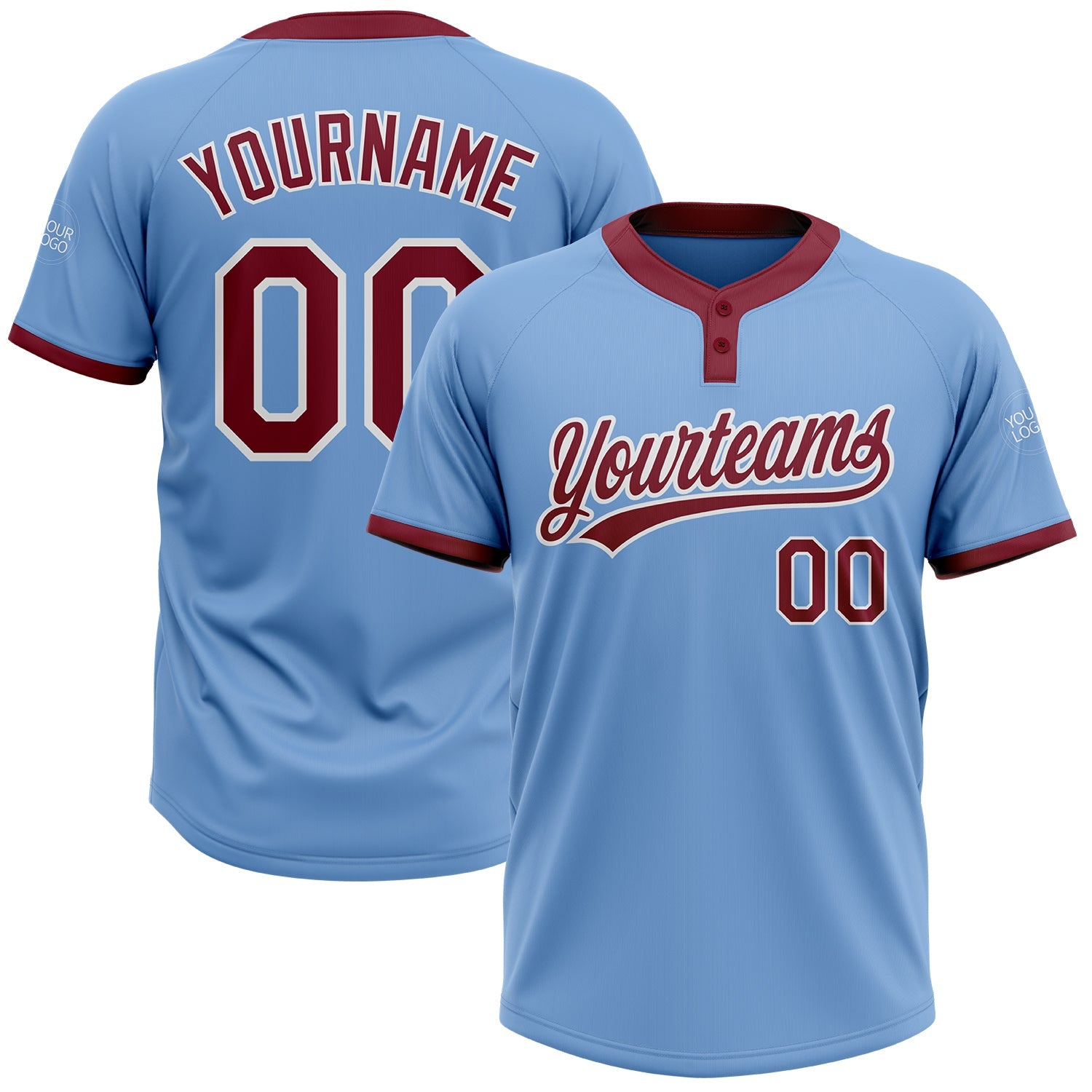 Custom Light Blue Crimson-White Two-Button Unisex Softball Jersey - Main View