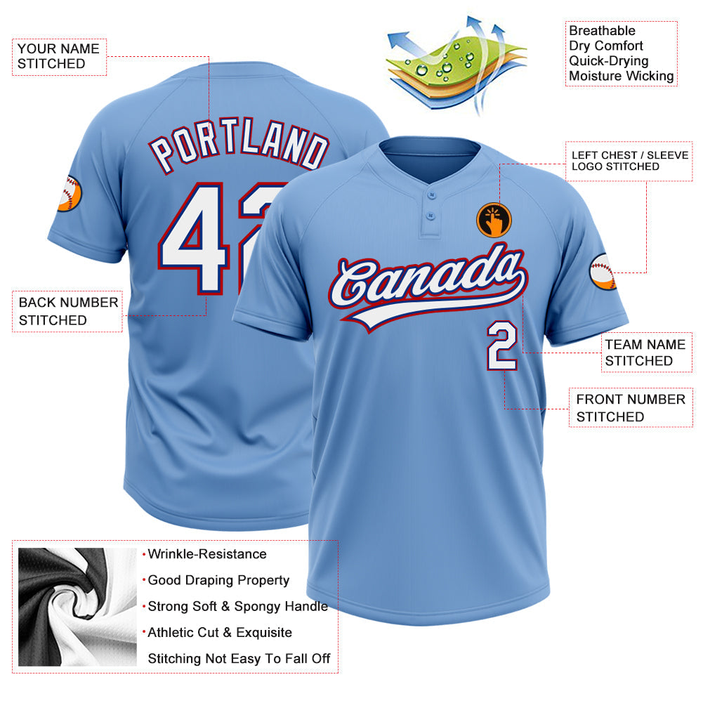 Custom Light Blue White Royal-Red Two-Button Unisex Softball Jersey view 3