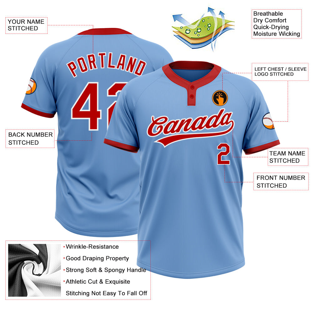 Custom Light Blue Red-White Two-Button Unisex Softball Jersey view 3