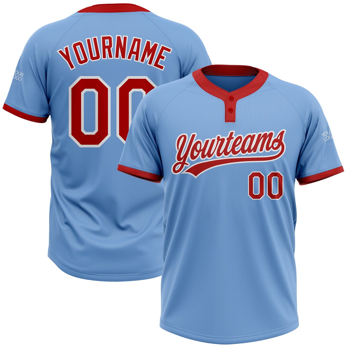 Custom Light Blue Red-White Two-Button Unisex Softball Jersey - Main View