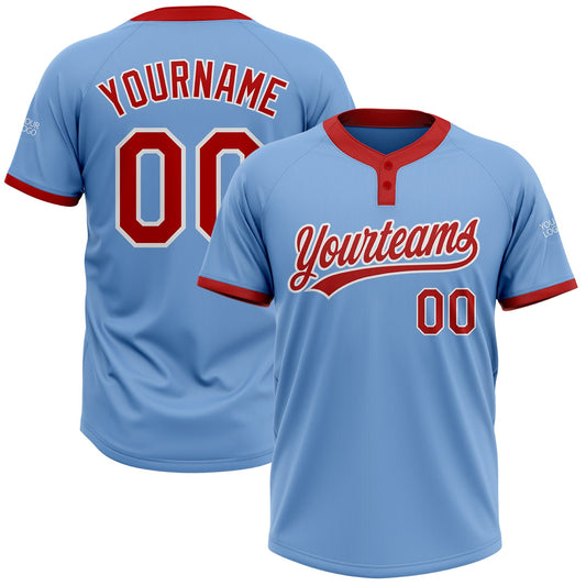 Custom Light Blue Red-White Two-Button Unisex Softball Jersey - Main View
