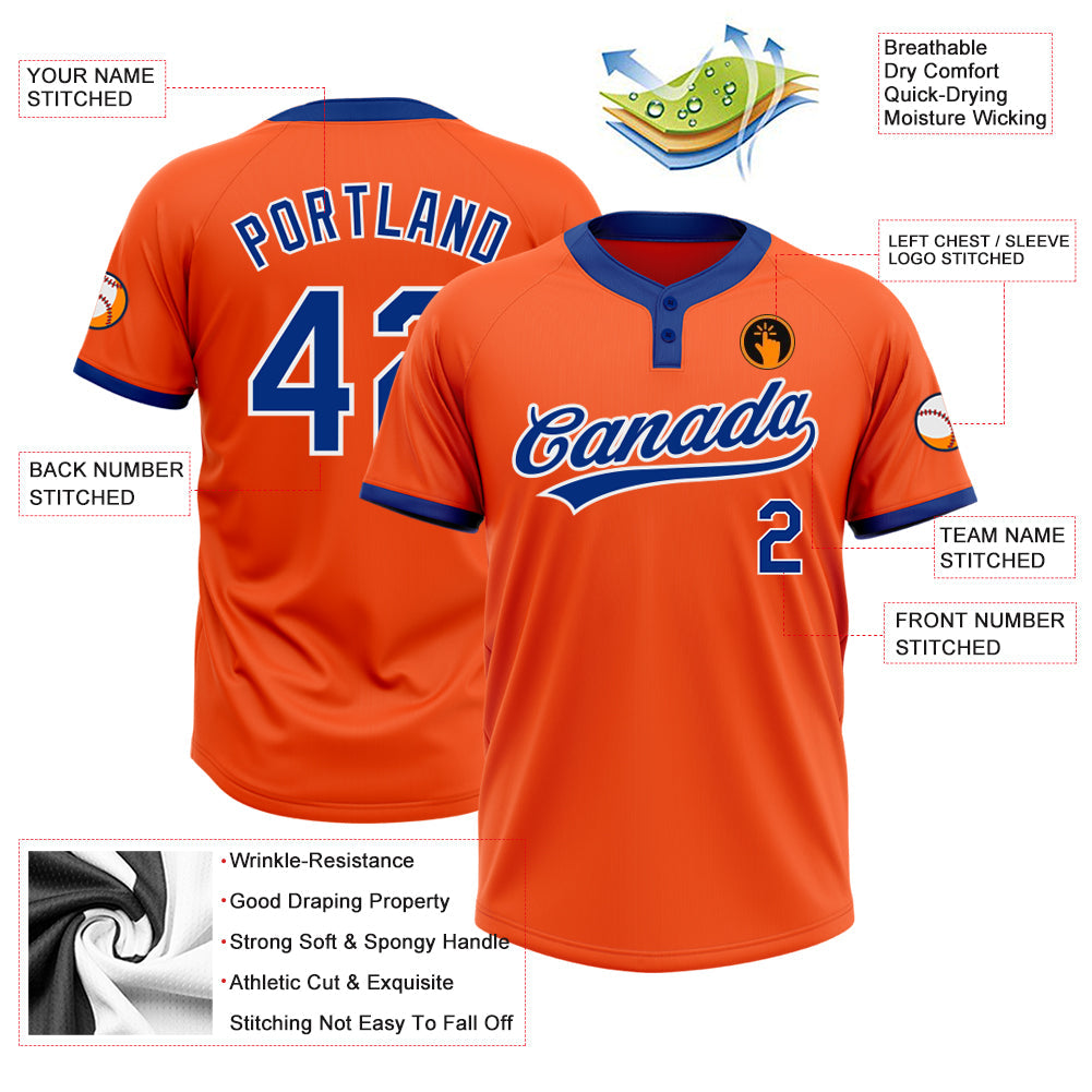 Custom Orange Royal-White Two-Button Unisex Softball Jersey view 3