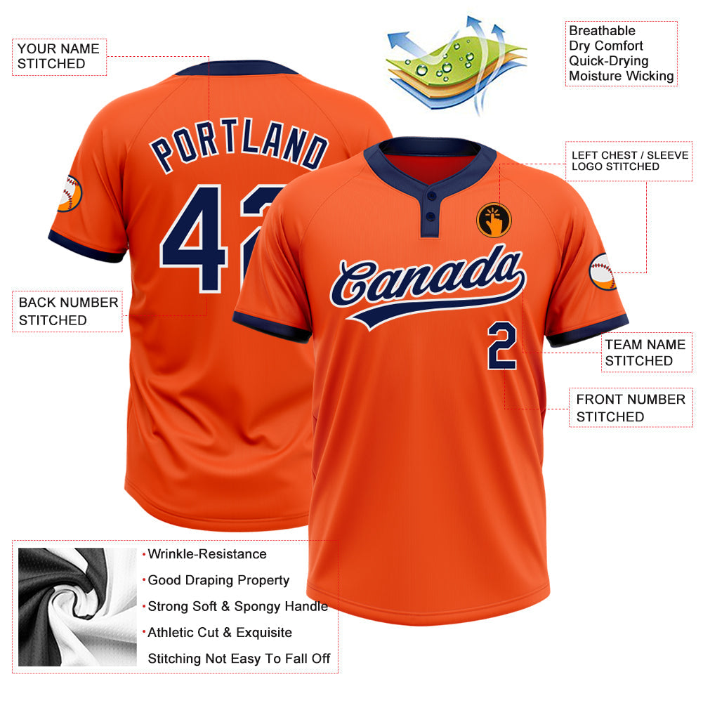 Custom Orange Navy-White Two-Button Unisex Softball Jersey view 4