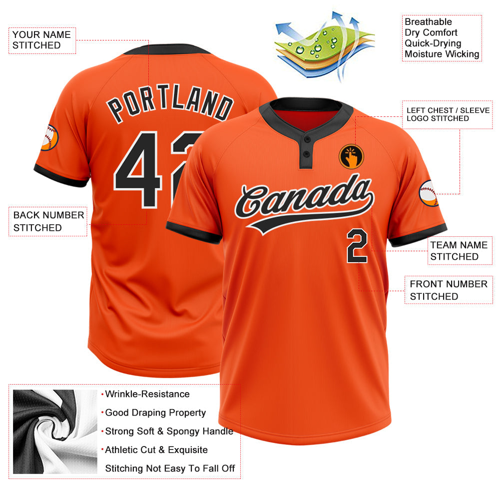 Custom Orange Black-White Two-Button Unisex Softball Jersey view 3
