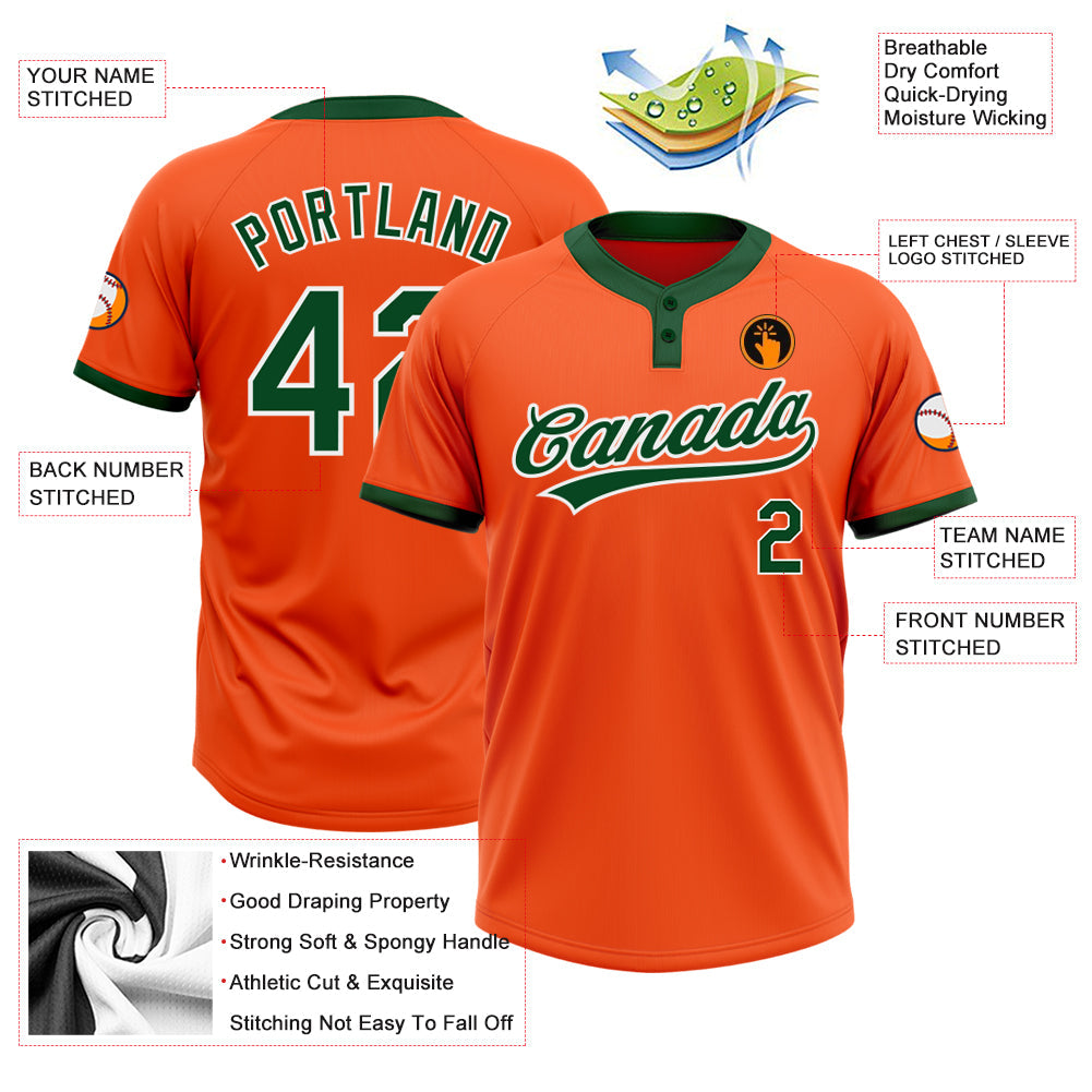 Custom Orange Green-White Two-Button Unisex Softball Jersey view 3
