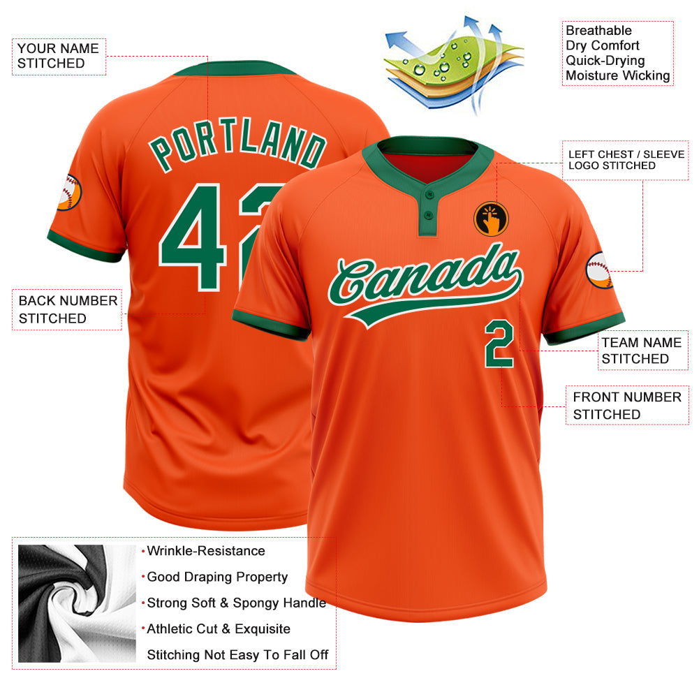 Custom Orange Kelly Green-White Two-Button Unisex Softball Jersey view 3