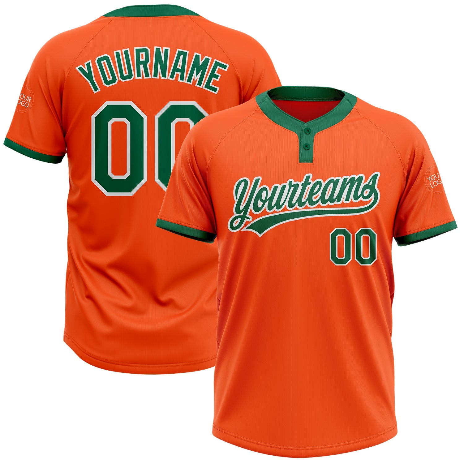 Custom Orange Kelly Green-White Two-Button Unisex Softball Jersey - Main View
