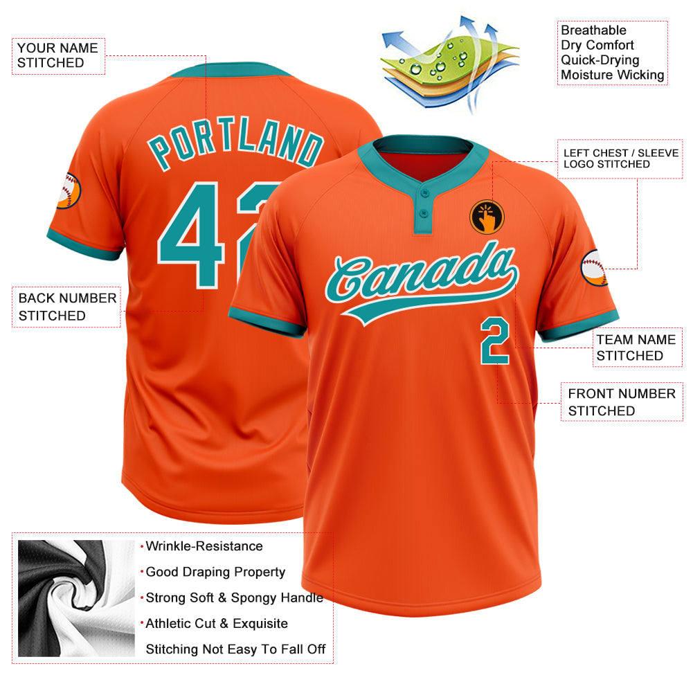 Custom Orange Teal-White Two-Button Unisex Softball Jersey view 3