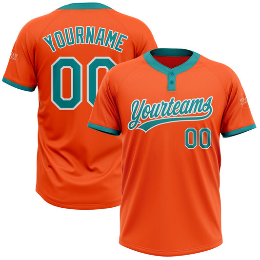 Custom Orange Teal-White Two-Button Unisex Softball Jersey - Main View