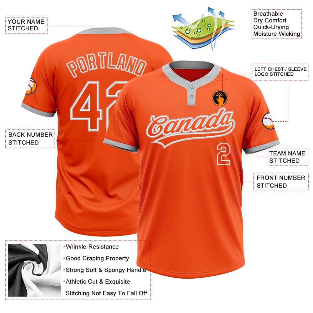 Custom Orange Orange-Gray Two-Button Unisex Softball Jersey view 3