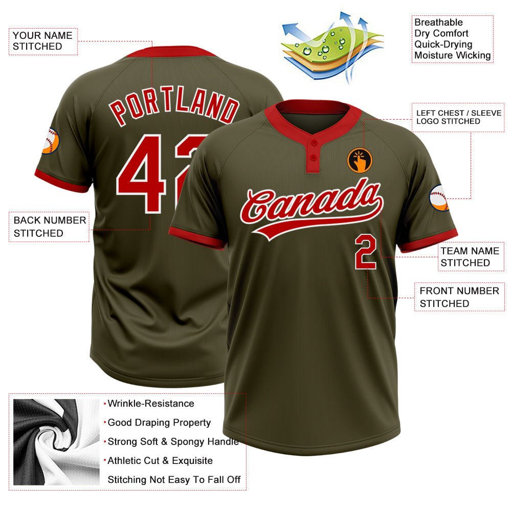Custom Olive Red-White Salute To Service Two-Button Unisex Softball Jersey view 3