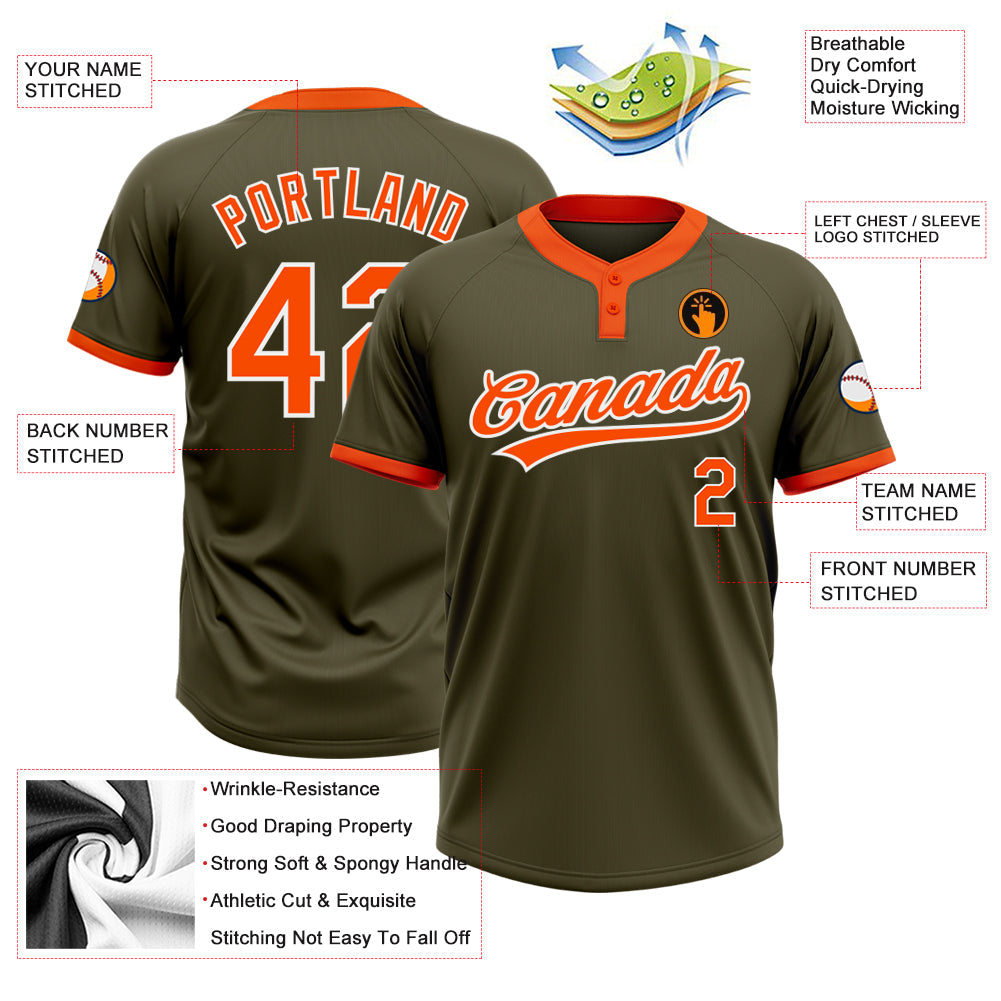 Custom Olive Orange-White Salute To Service Two-Button Unisex Softball Jersey view 3