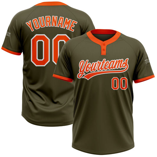 Custom Olive Orange-White Salute To Service Two-Button Unisex Softball Jersey - Main View