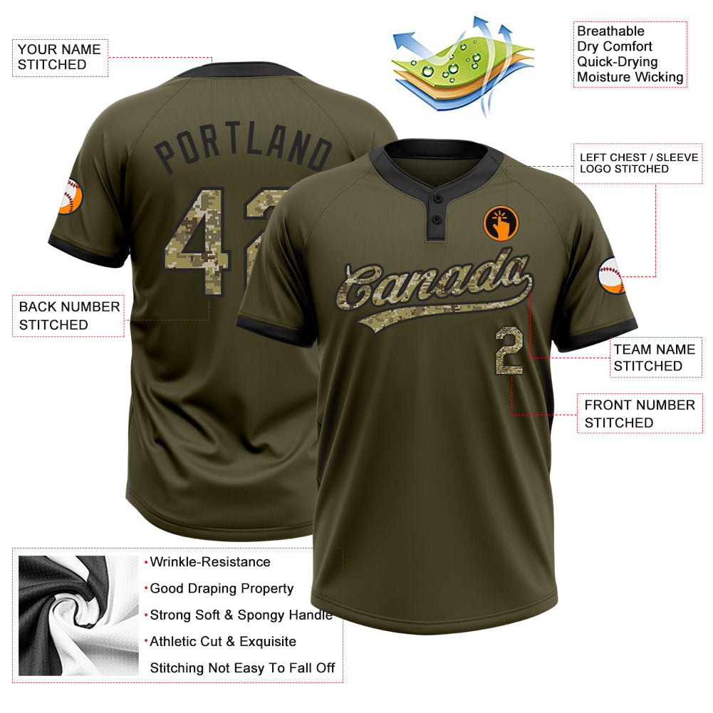 Custom Olive Camo-Black Salute To Service Two-Button Unisex Softball Jersey view 3