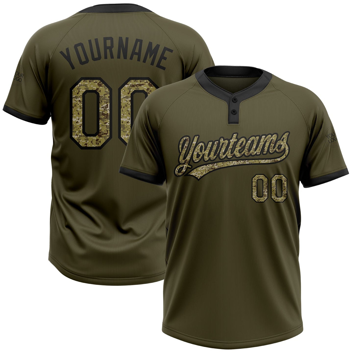 Custom Olive Camo-Black Salute To Service Two-Button Unisex Softball Jersey - Main View