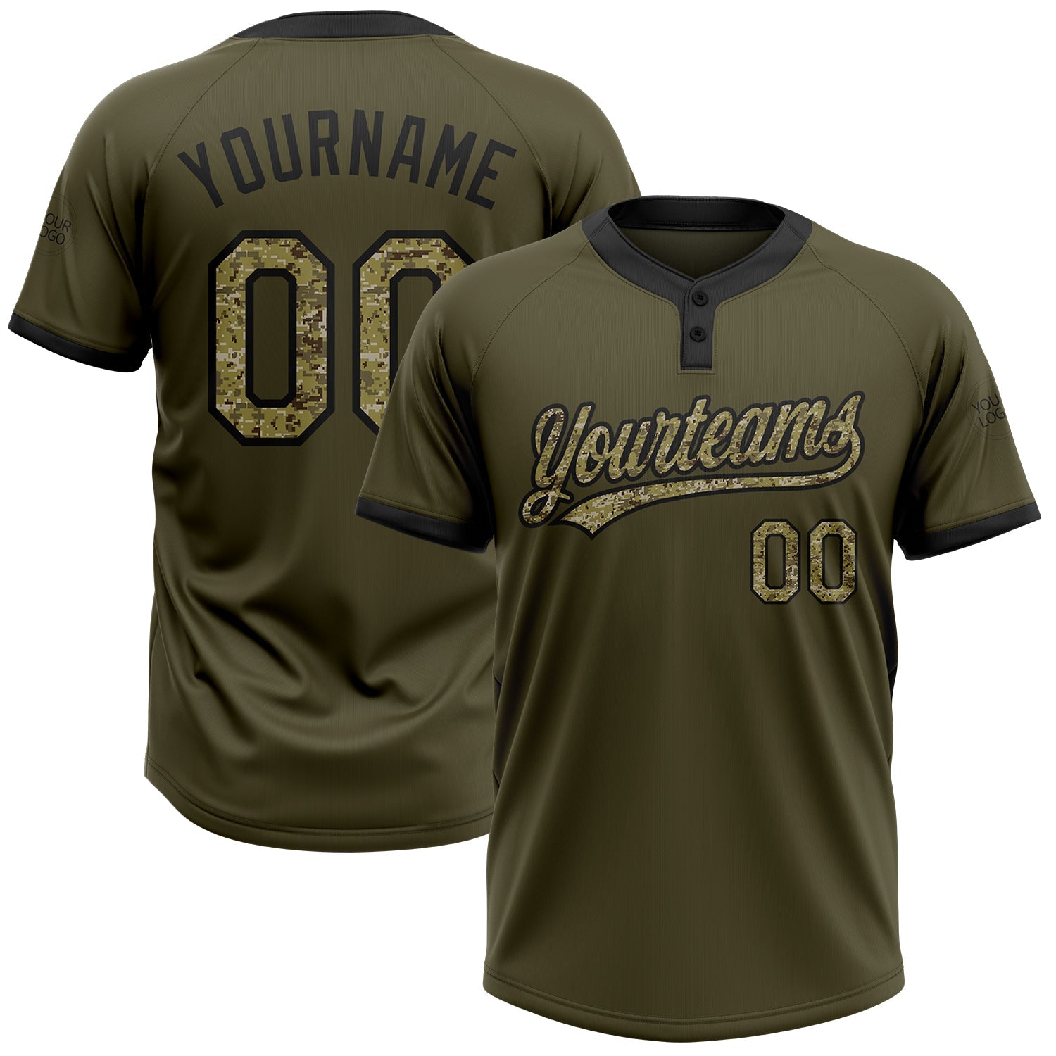 Custom Olive Camo-Black Salute To Service Two-Button Unisex Softball Jersey - Main View