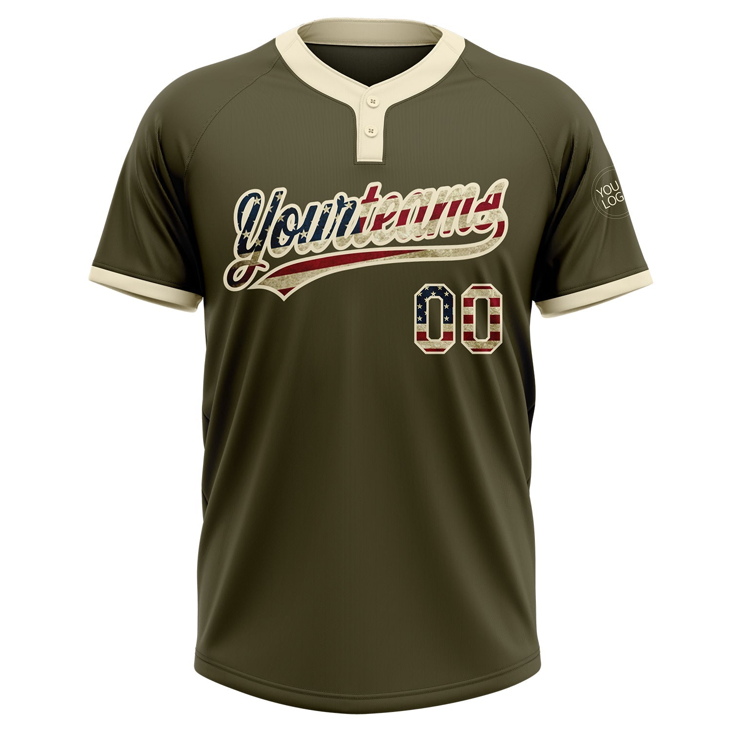 Custom Olive Vintage USA Flag-Cream Salute To Service Two-Button Unisex Softball Jersey view 2