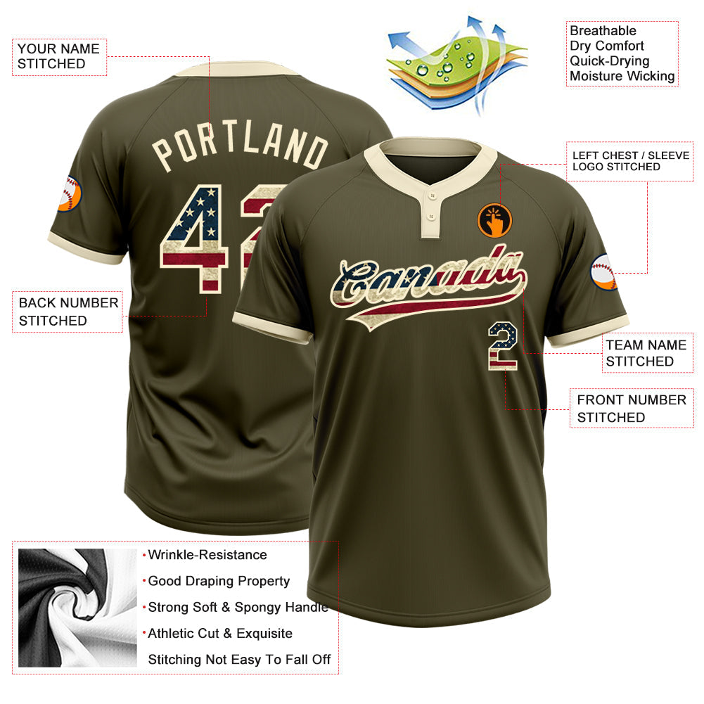 Custom Olive Vintage USA Flag-Cream Salute To Service Two-Button Unisex Softball Jersey view 3