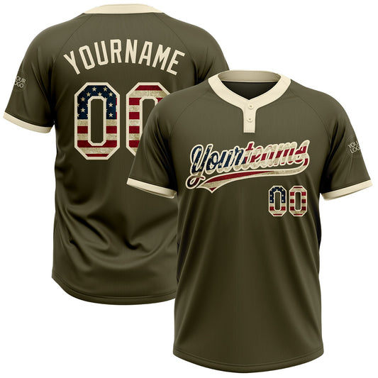Custom Olive Vintage USA Flag-Cream Salute To Service Two-Button Unisex Softball Jersey - Main View