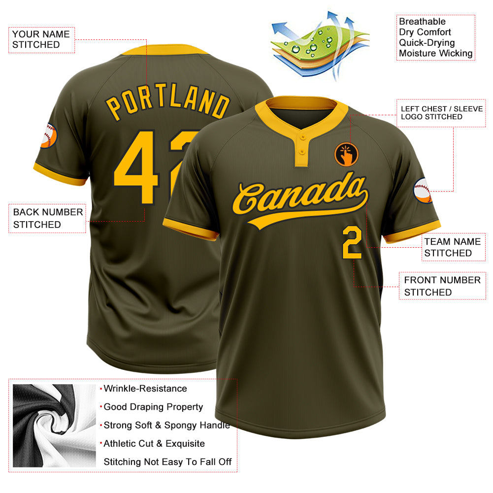 Custom Olive Gold-Black Salute To Service Two-Button Unisex Softball Jersey view 3