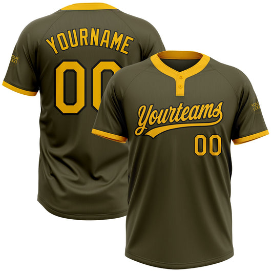 Custom Olive Gold-Black Salute To Service Two-Button Unisex Softball Jersey - Main View
