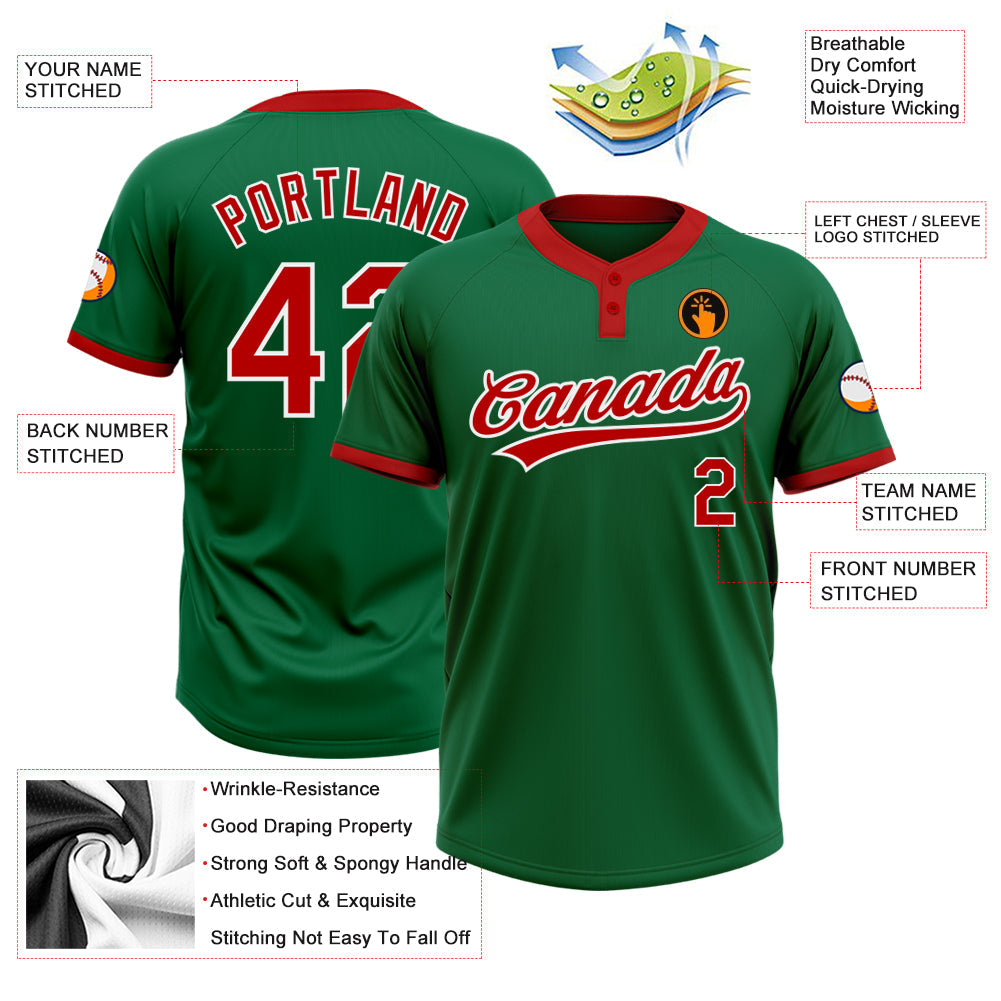 Custom Kelly Green Red-White Two-Button Unisex Softball Jersey view 3
