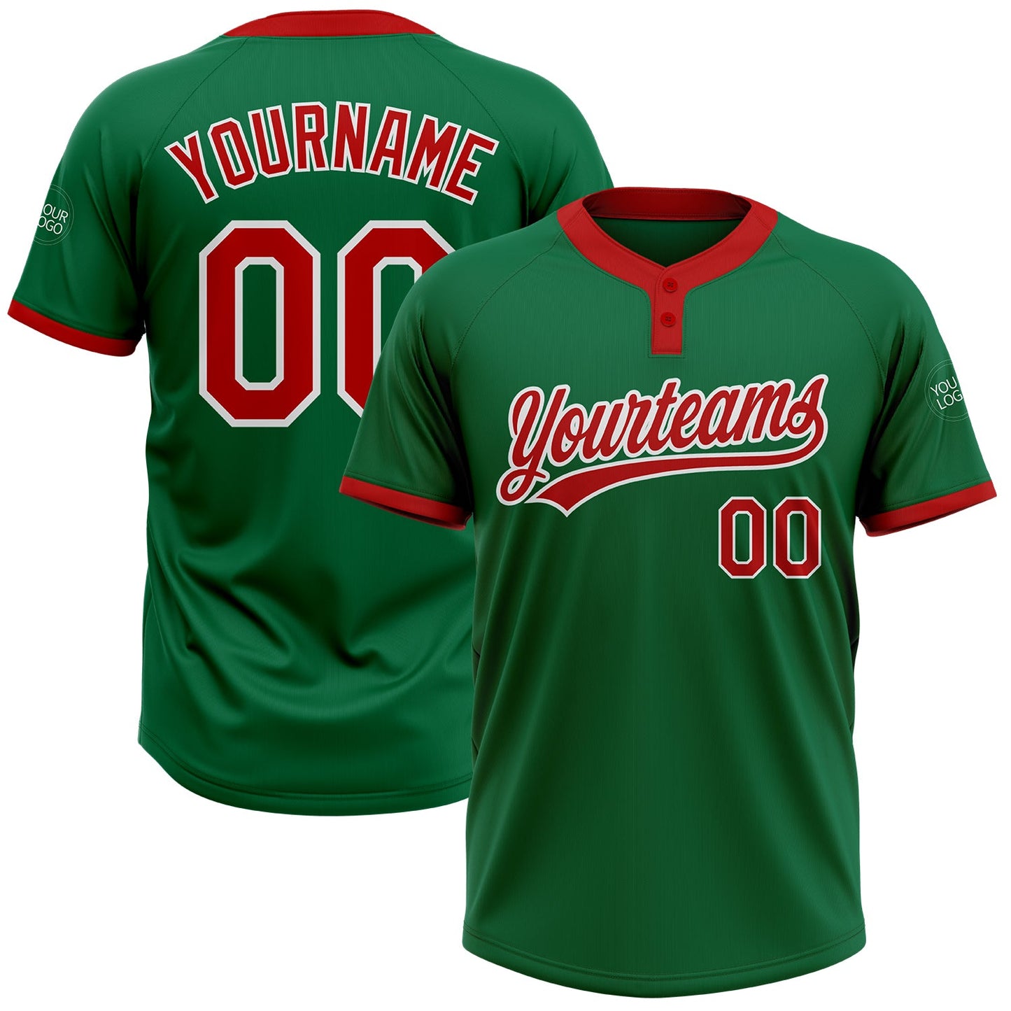Custom Kelly Green Red-White Two-Button Unisex Softball Jersey - Main View