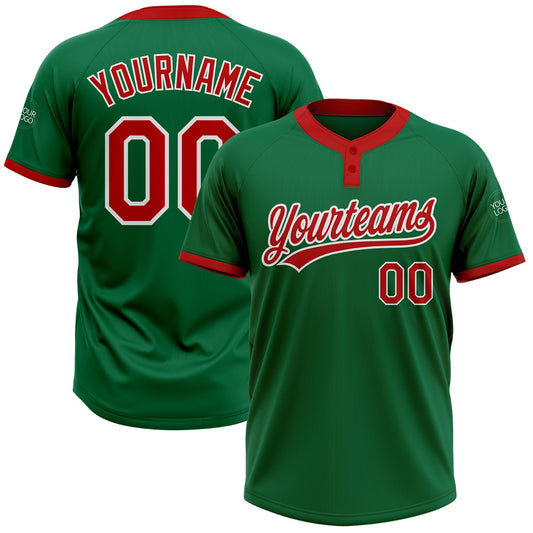 Custom Kelly Green Red-White Two-Button Unisex Softball Jersey - Main View