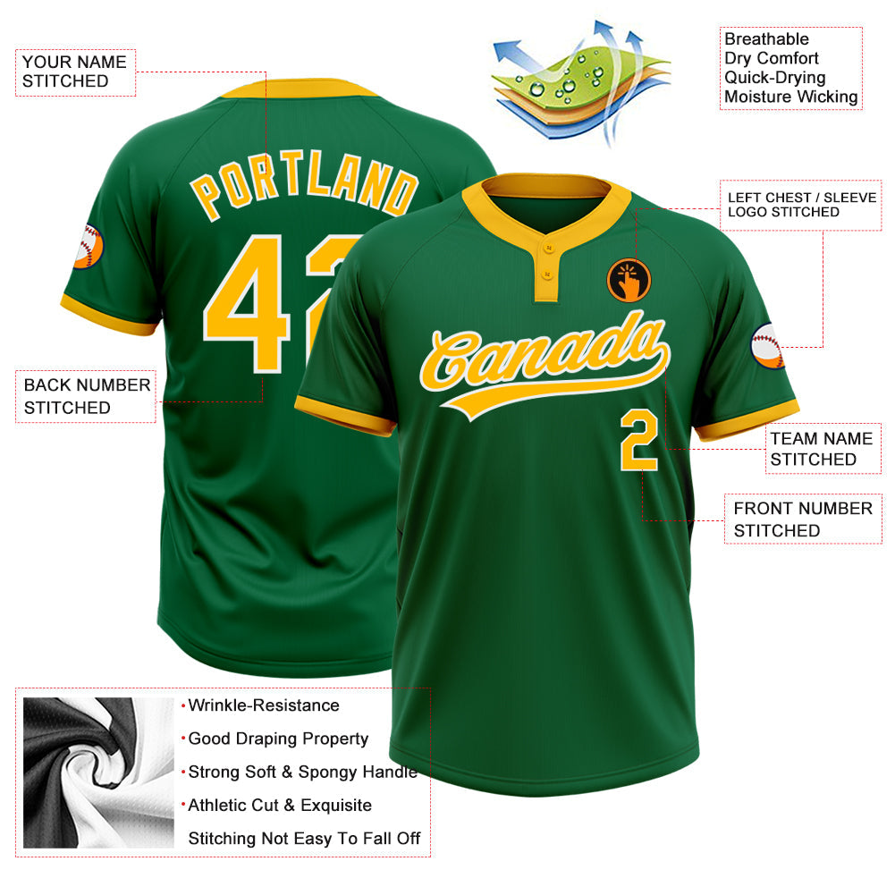Custom Kelly Green Gold-White Two-Button Unisex Softball Jersey view 3