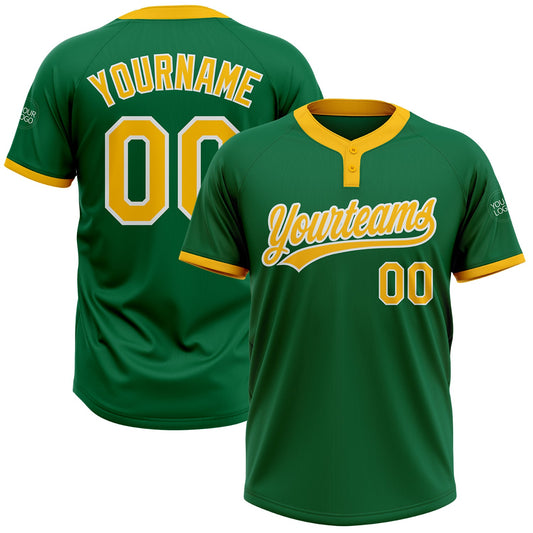 Custom Kelly Green Gold-White Two-Button Unisex Softball Jersey - Main View