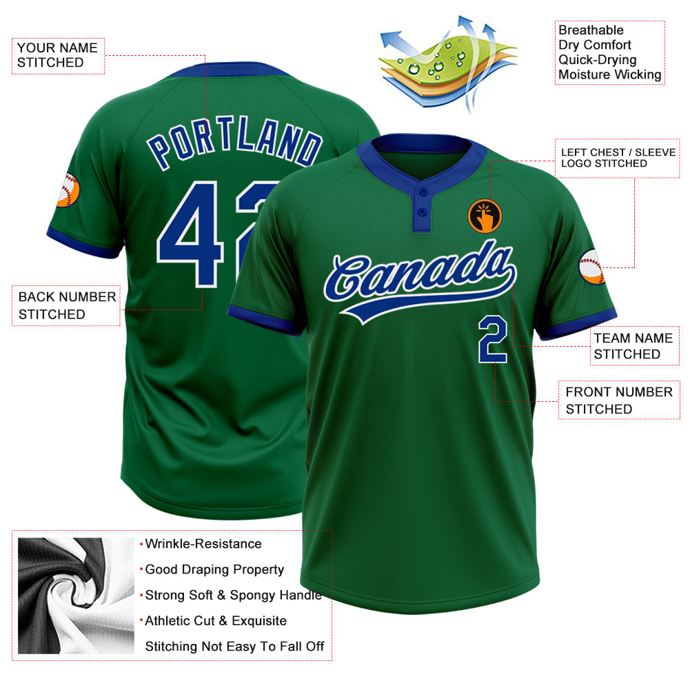 Custom Kelly Green Royal-White Two-Button Unisex Softball Jersey view 3