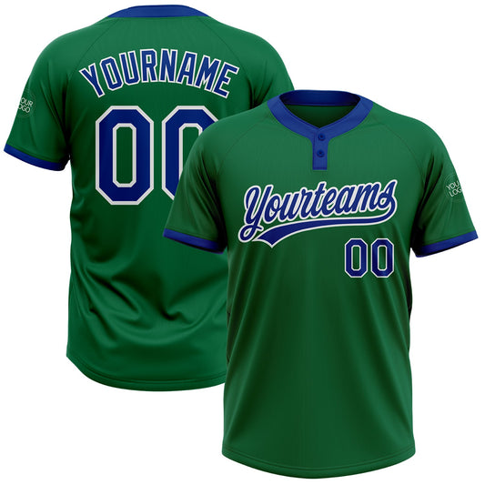 Custom Kelly Green Royal-White Two-Button Unisex Softball Jersey - Main View