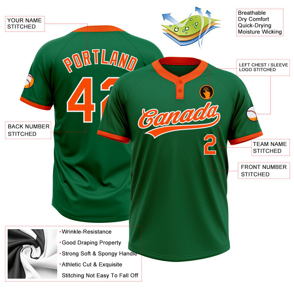 Custom Kelly Green Orange-White Two-Button Unisex Softball Jersey view 3