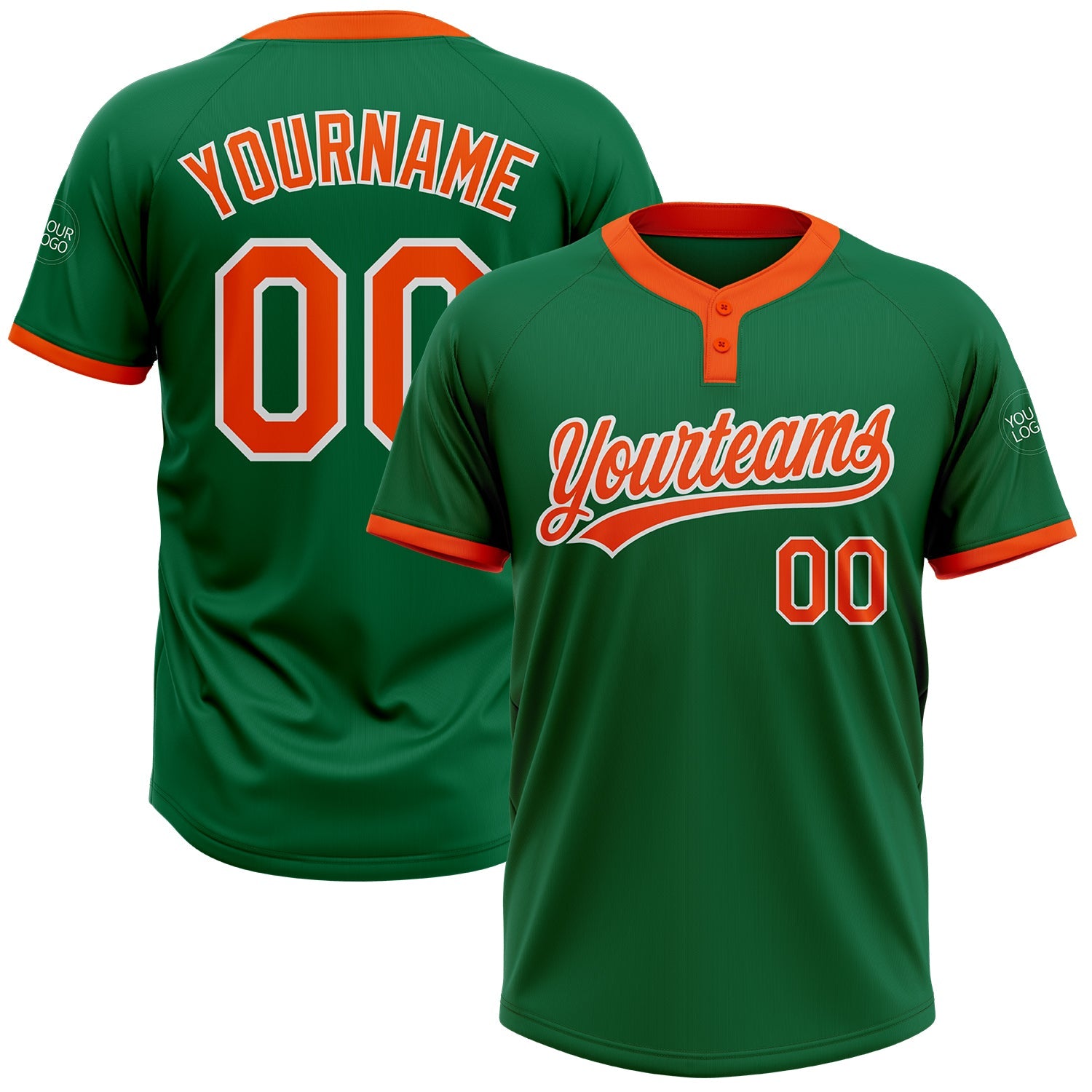 Custom Kelly Green Orange-White Two-Button Unisex Softball Jersey - Main View