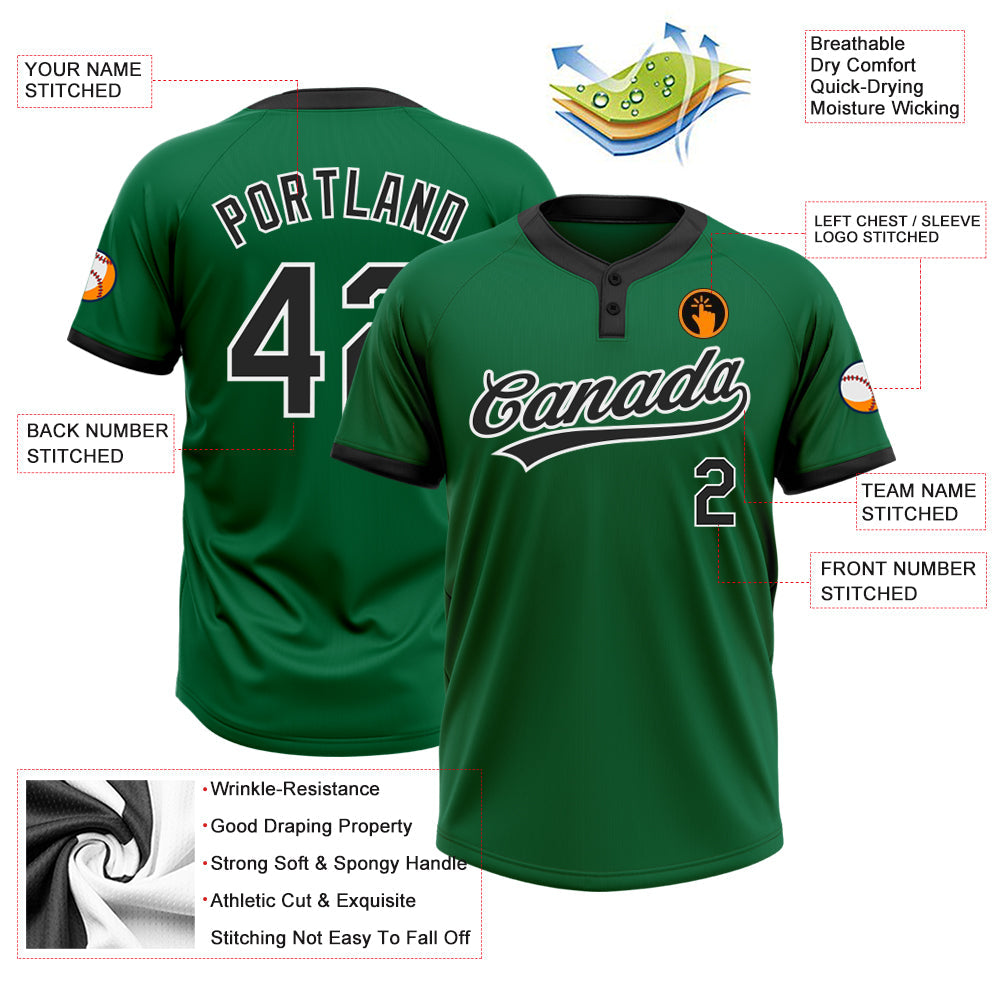 Custom Kelly Green Black-White Two-Button Unisex Softball Jersey view 3