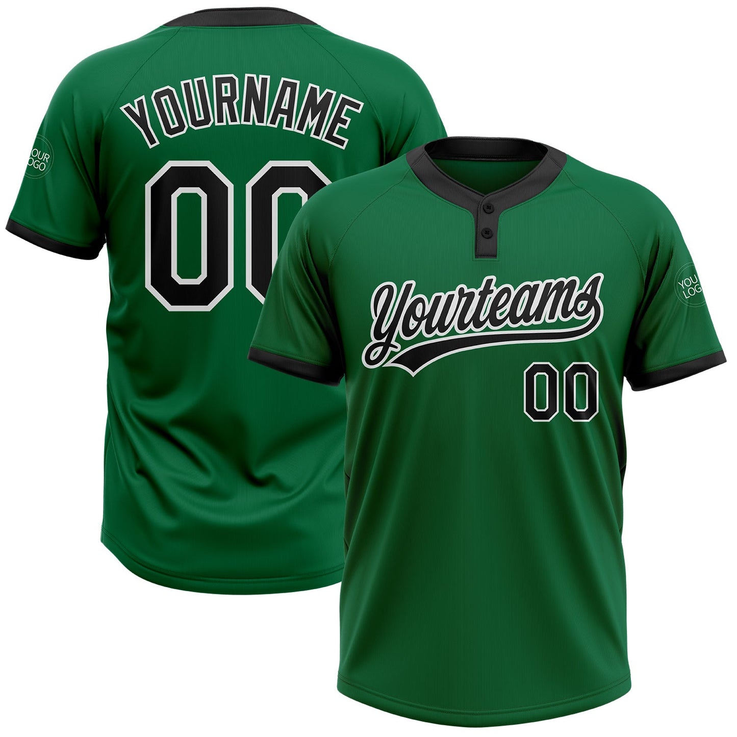 Custom Kelly Green Black-White Two-Button Unisex Softball Jersey - Main View